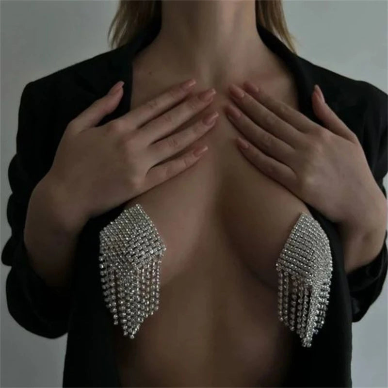 Fringed Rhinestone Pasties – Gold or Silver Tassels – view 1