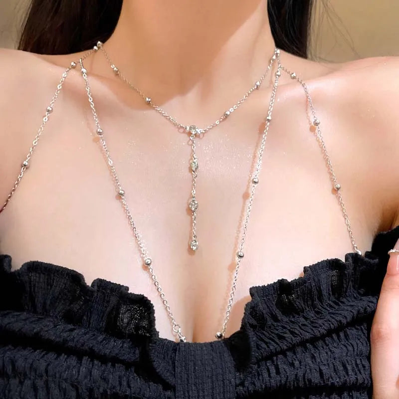 Square Crystal Chest Chain – Multi-Layer with Metal Beads – view 8