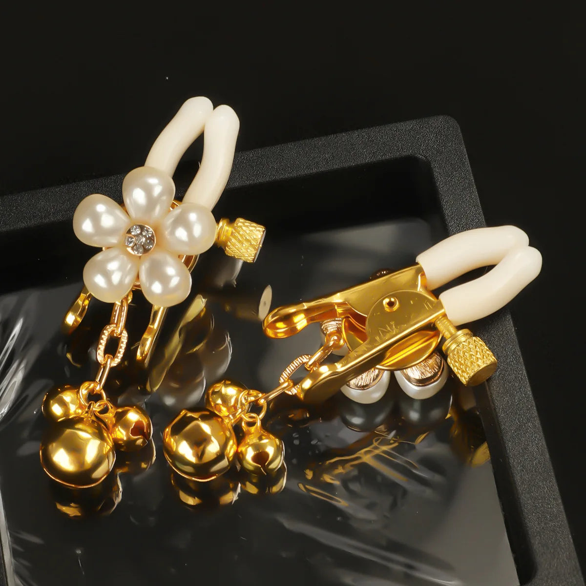 Pearl Petal Nipple Clamps – Gold, with Chain or Bells – view 5