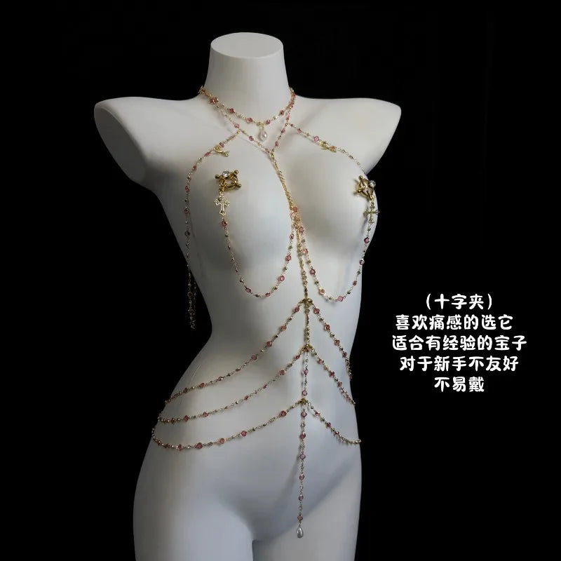 Rhinestone Body Chain Set with Collar and Nipple Clamps – view 16