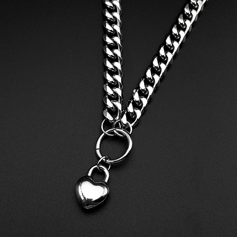 Heart Padlock Necklace – Stainless Steel Cuban Chain Choker – view 2