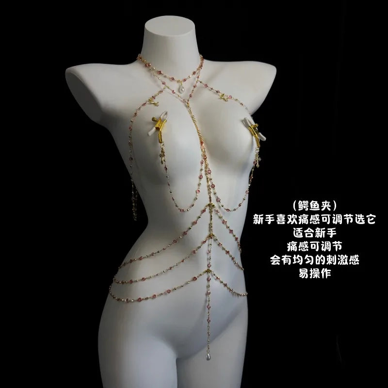Rhinestone Body Chain Set with Collar and Nipple Clamps – view 18