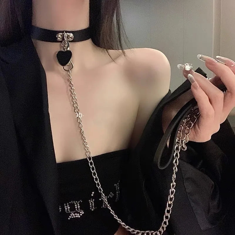Leather Choker with Chain Leash – Heart, Bell or Spike Ring – view 2