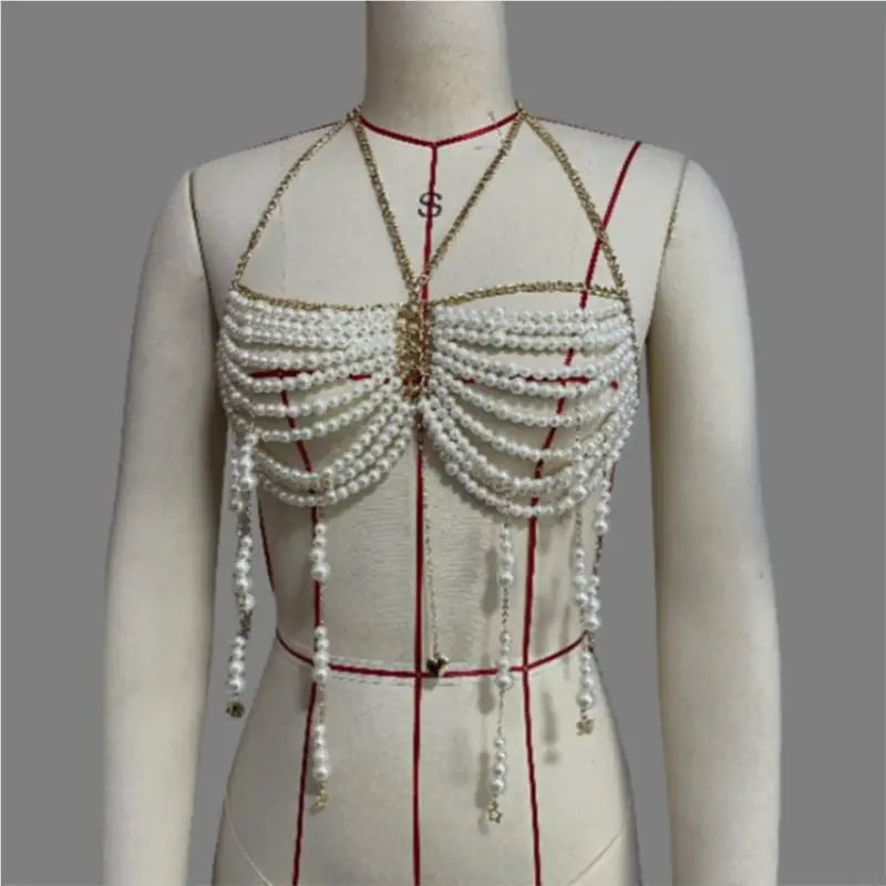 Pearl Halter Body Chain Top with Beaded Tassels – view 7
