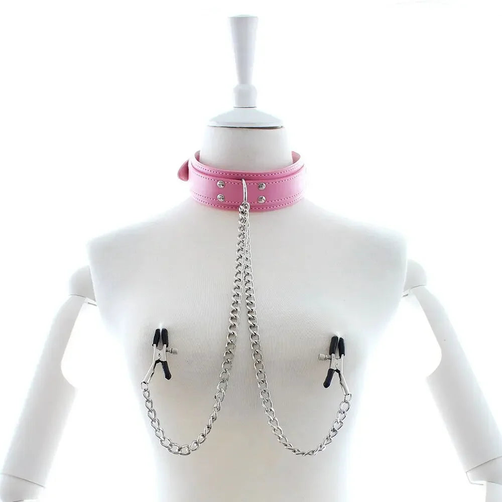 Leather Choker with Nipple Chain – Clip-On Chest Chain – view 25
