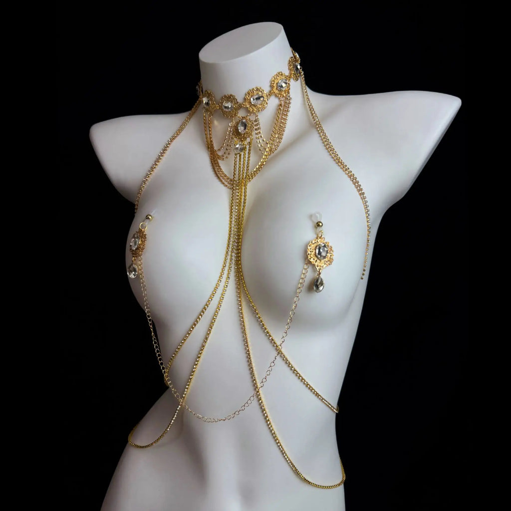 Gold Gemstone Body Chain with Tassel Nipple Clamps – view 5