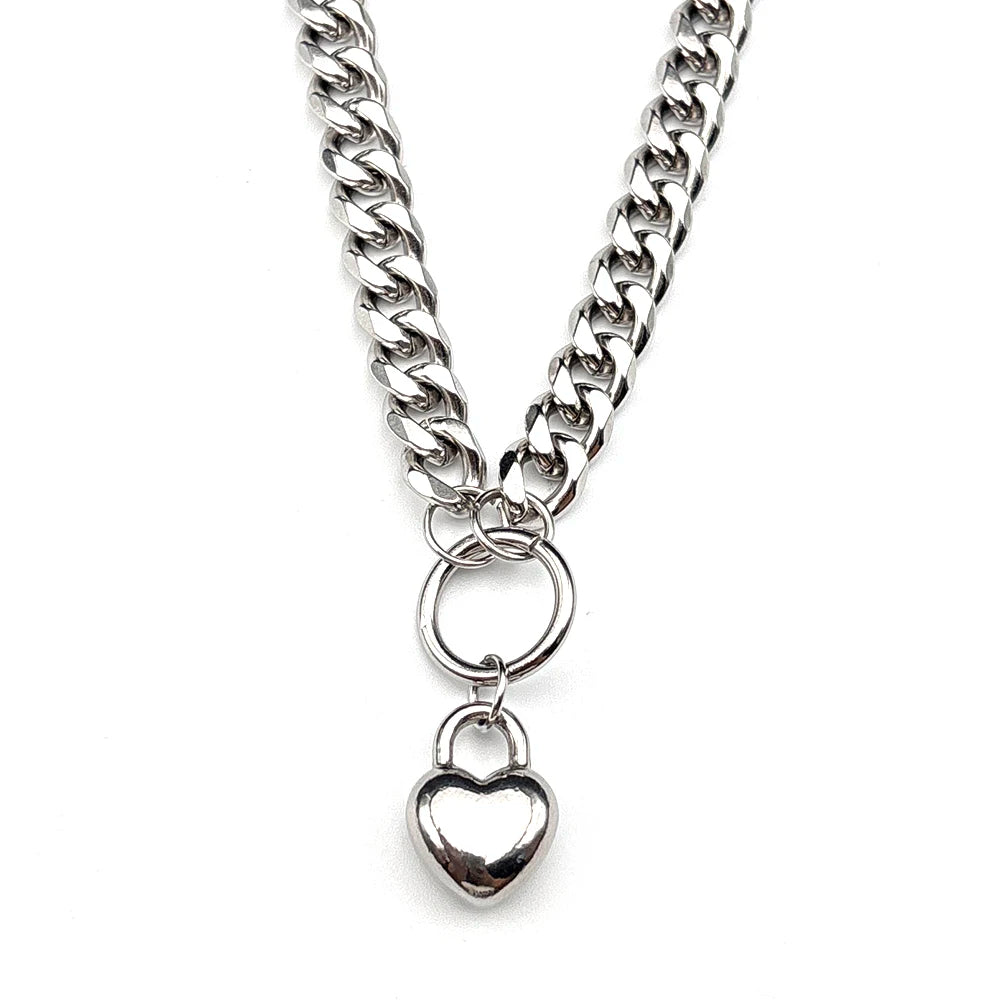 Heart Padlock Necklace – Stainless Steel Cuban Chain Choker – view 5