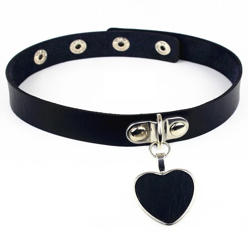 Leather Choker with Chain Leash – Heart, Bell or Spike Ring – view 26