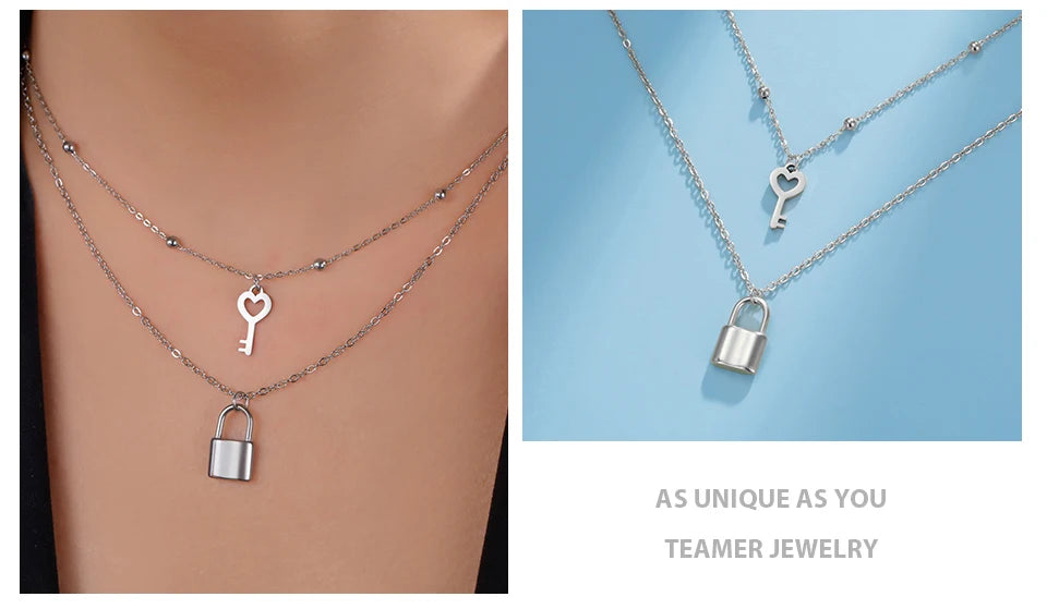 Padlock & Key Layered Choker Necklace – Stainless Steel – view 9