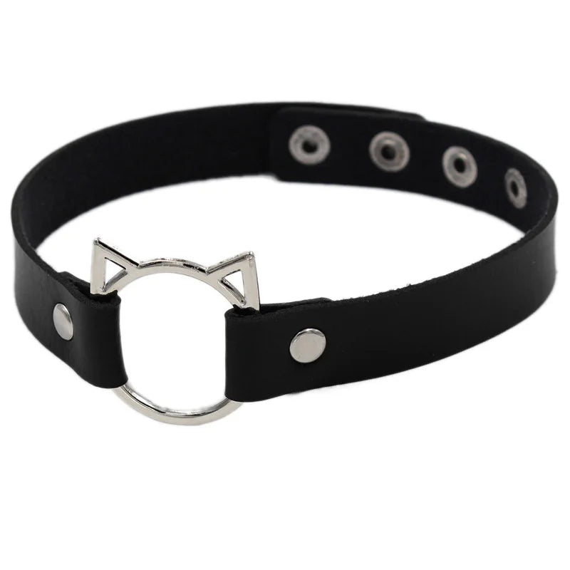 Leather Choker with Chain Leash – Heart, Bell or Spike Ring – view 12