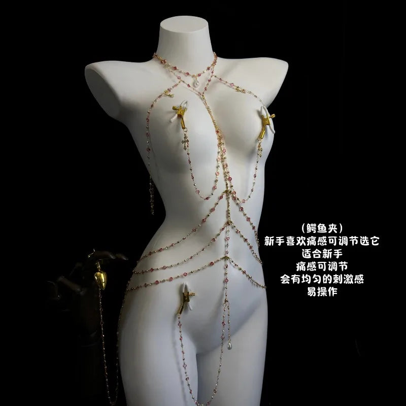 Rhinestone Body Chain Set with Collar and Nipple Clamps – view 25