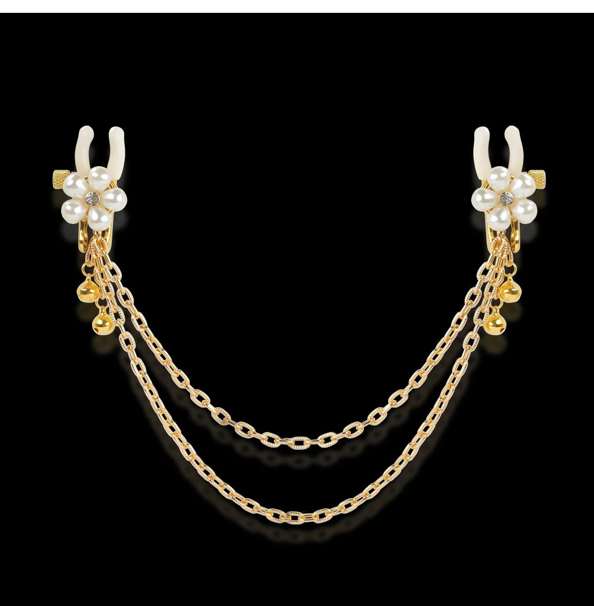 Pearl Petal Nipple Clamps – Gold, with Chain or Bells – view 7