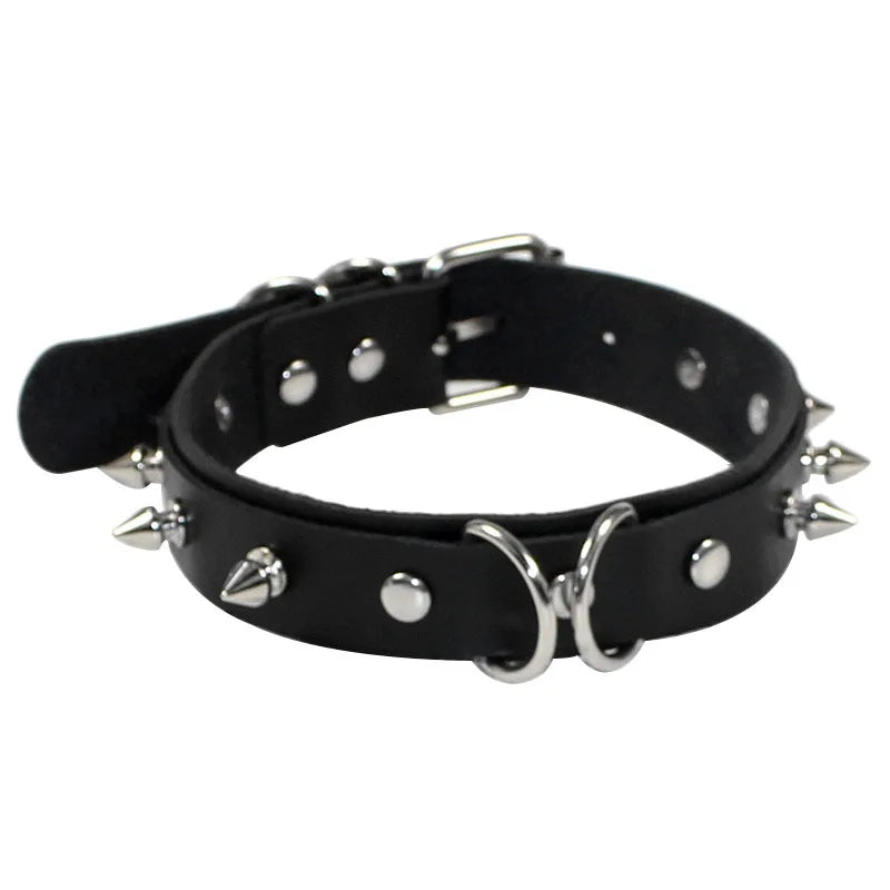 Leather Choker with Chain Leash – Heart, Bell or Spike Ring – view 23