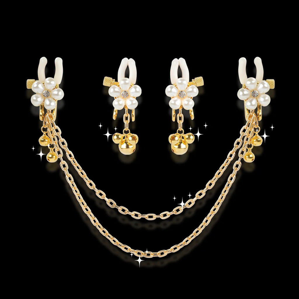Pearl Petal Nipple Clamps – Gold, with Chain or Bells – view 3