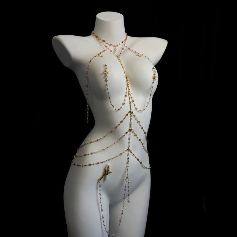 Rhinestone Body Chain Set with Collar and Nipple Clamps – view 1