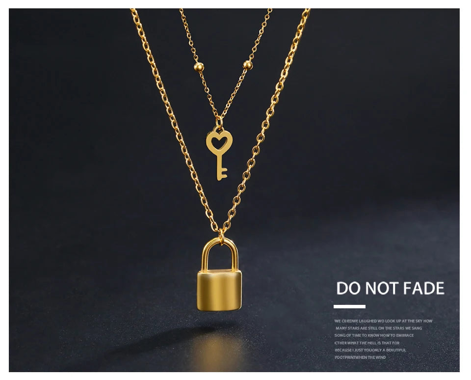 Padlock & Key Layered Choker Necklace – Stainless Steel – view 10