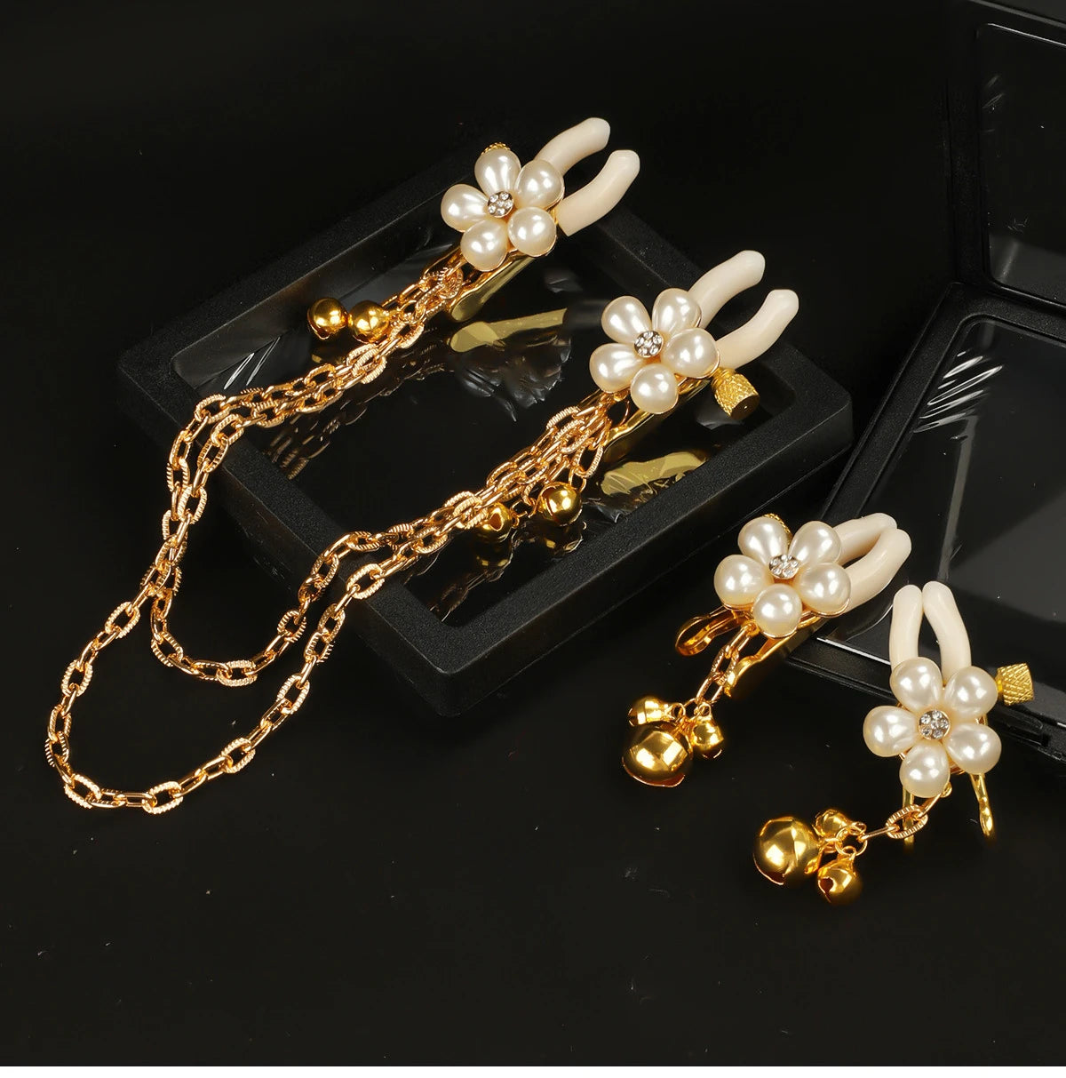Pearl Petal Nipple Clamps – Gold, with Chain or Bells – view 6