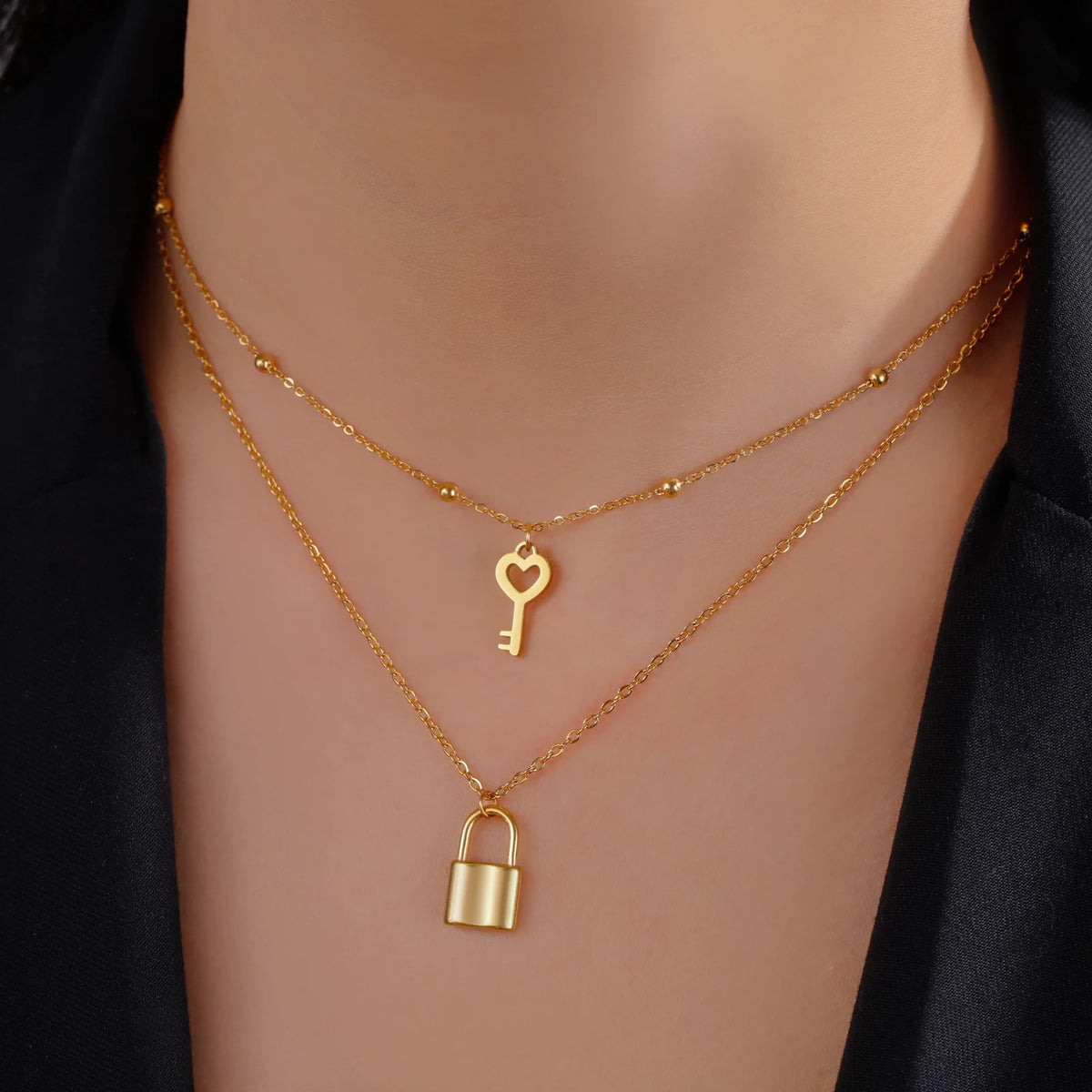 Padlock & Key Layered Choker Necklace – Stainless Steel – view 4