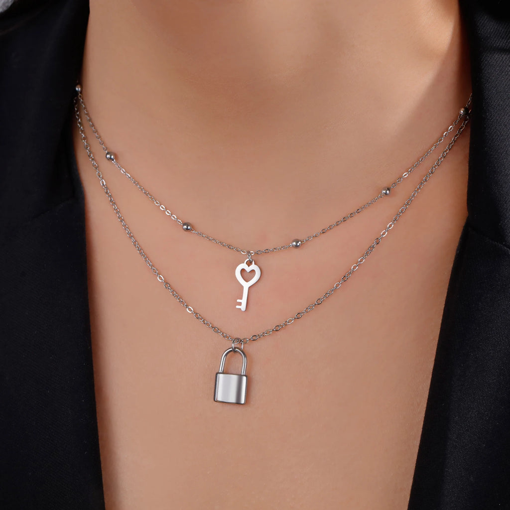 Padlock & Key Layered Choker Necklace – Stainless Steel – view 2